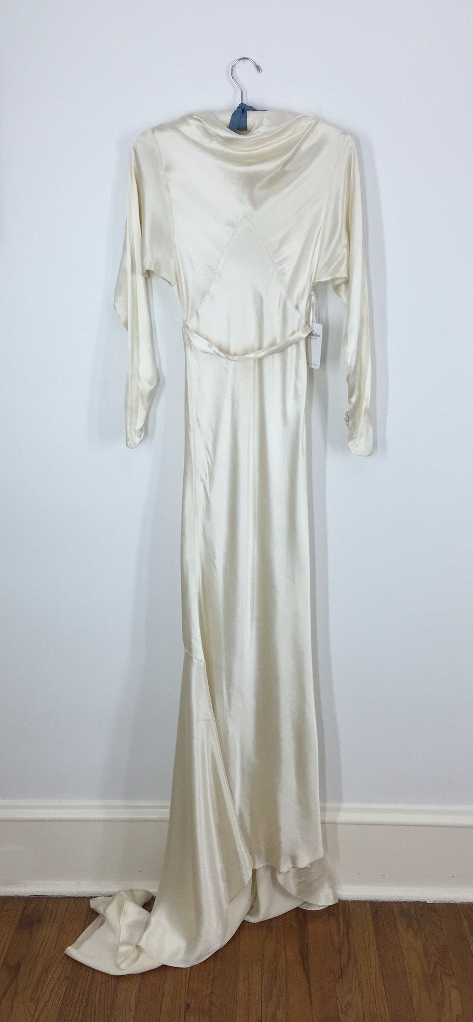 Vintage 1930s Ivory Bias Cut Satin Wedding Gown with Train - ThisBlueBird