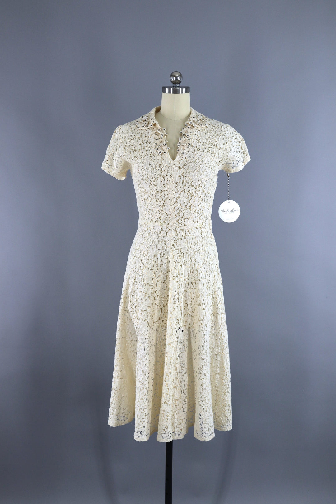 Vintage 1930s Ivory Lace bias Cut Dress with Rhinestone Flowers - ThisBlueBird