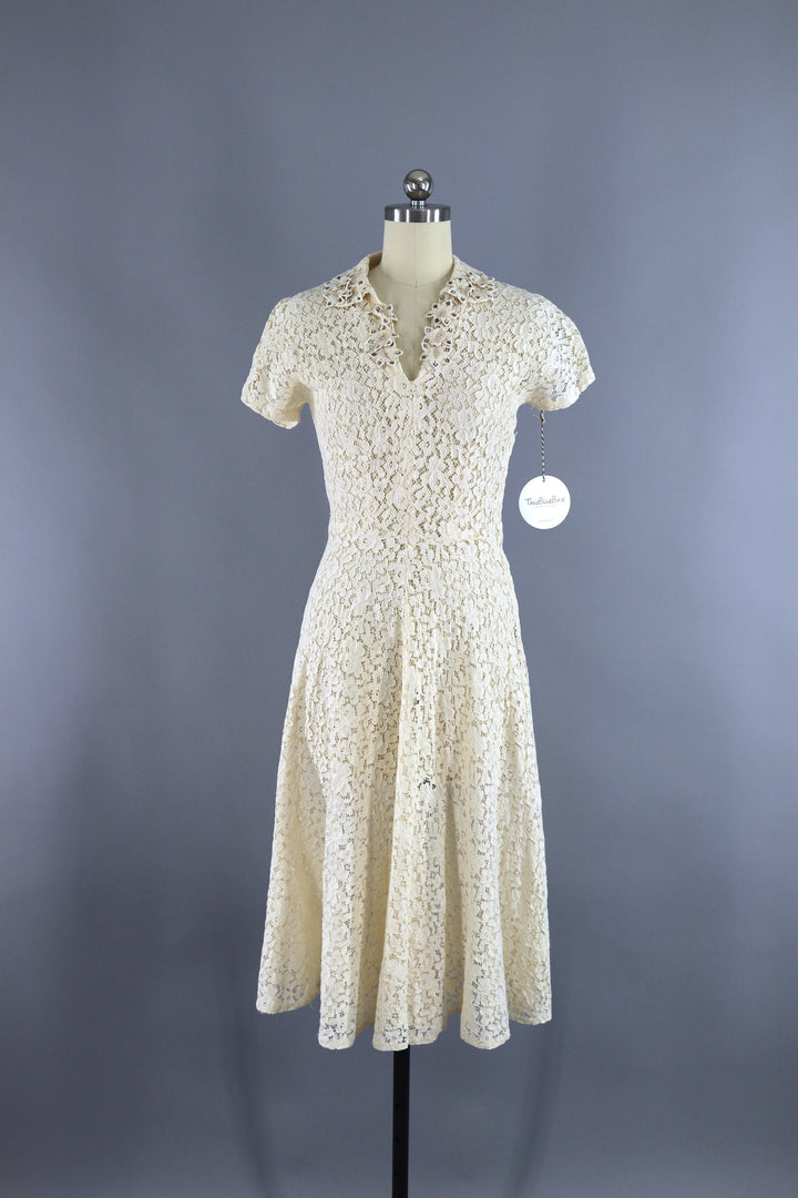 Vintage 1930s Ivory Lace bias Cut Dress with Rhinestone Flowers - ThisBlueBird
