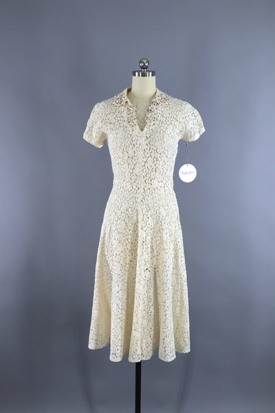 Vintage 1930s Ivory Lace bias Cut Dress with Rhinestone Flowers - ThisBlueBird