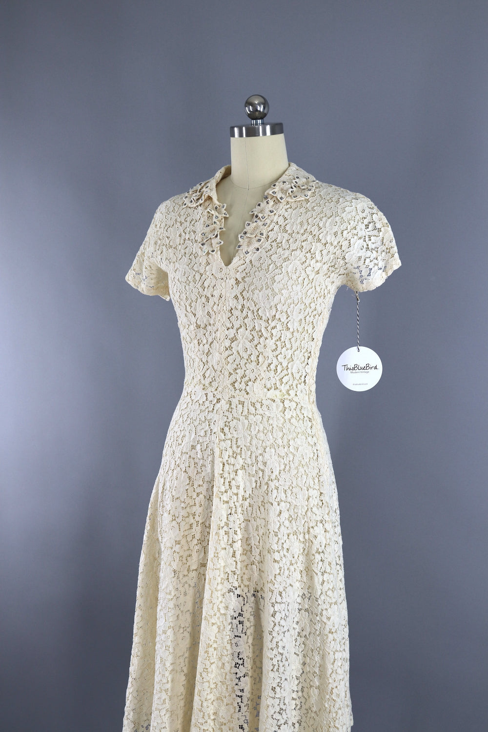 Vintage 1930s Ivory Lace bias Cut Dress with Rhinestone Flowers - ThisBlueBird