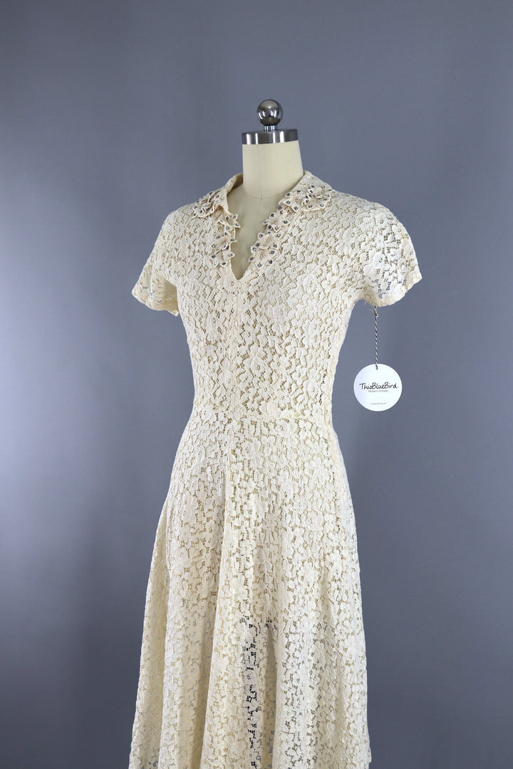 Vintage 1930s Ivory Lace bias Cut Dress with Rhinestone Flowers - ThisBlueBird