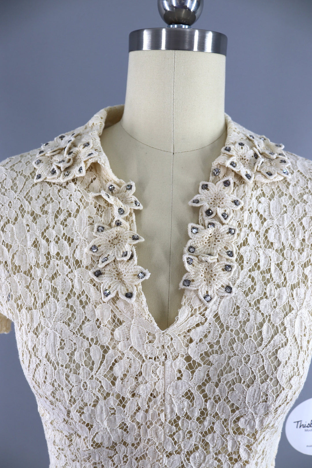 Vintage 1930s Ivory Lace bias Cut Dress with Rhinestone Flowers - ThisBlueBird