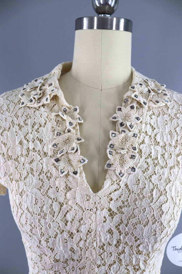 Vintage 1930s Ivory Lace bias Cut Dress with Rhinestone Flowers - ThisBlueBird