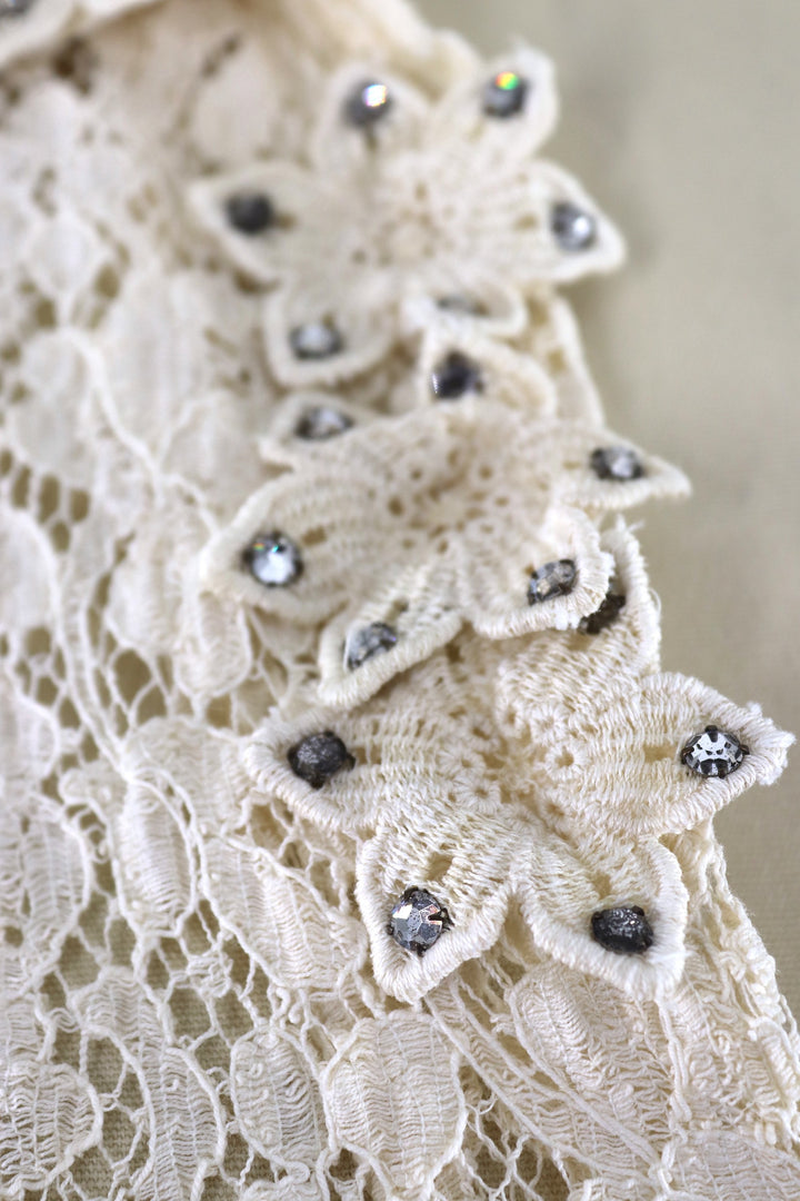 Vintage 1930s Ivory Lace bias Cut Dress with Rhinestone Flowers - ThisBlueBird