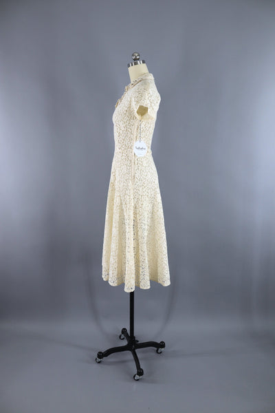 Vintage 1930s Ivory Lace bias Cut Dress with Rhinestone Flowers - ThisBlueBird