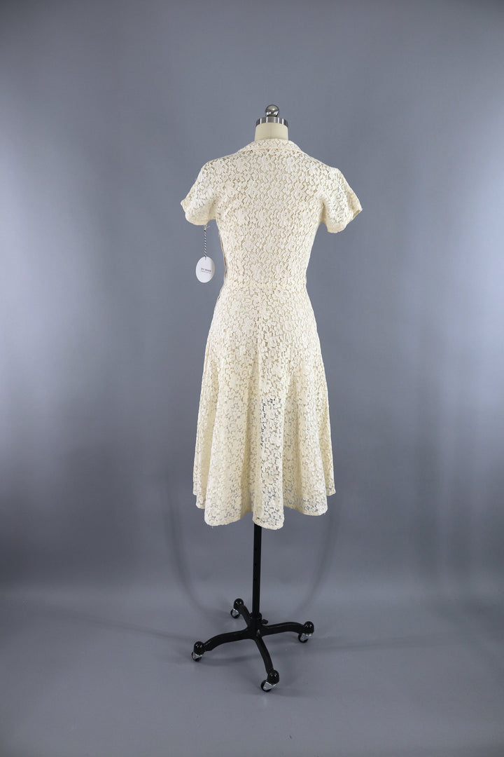 Vintage 1930s Ivory Lace bias Cut Dress with Rhinestone Flowers - ThisBlueBird
