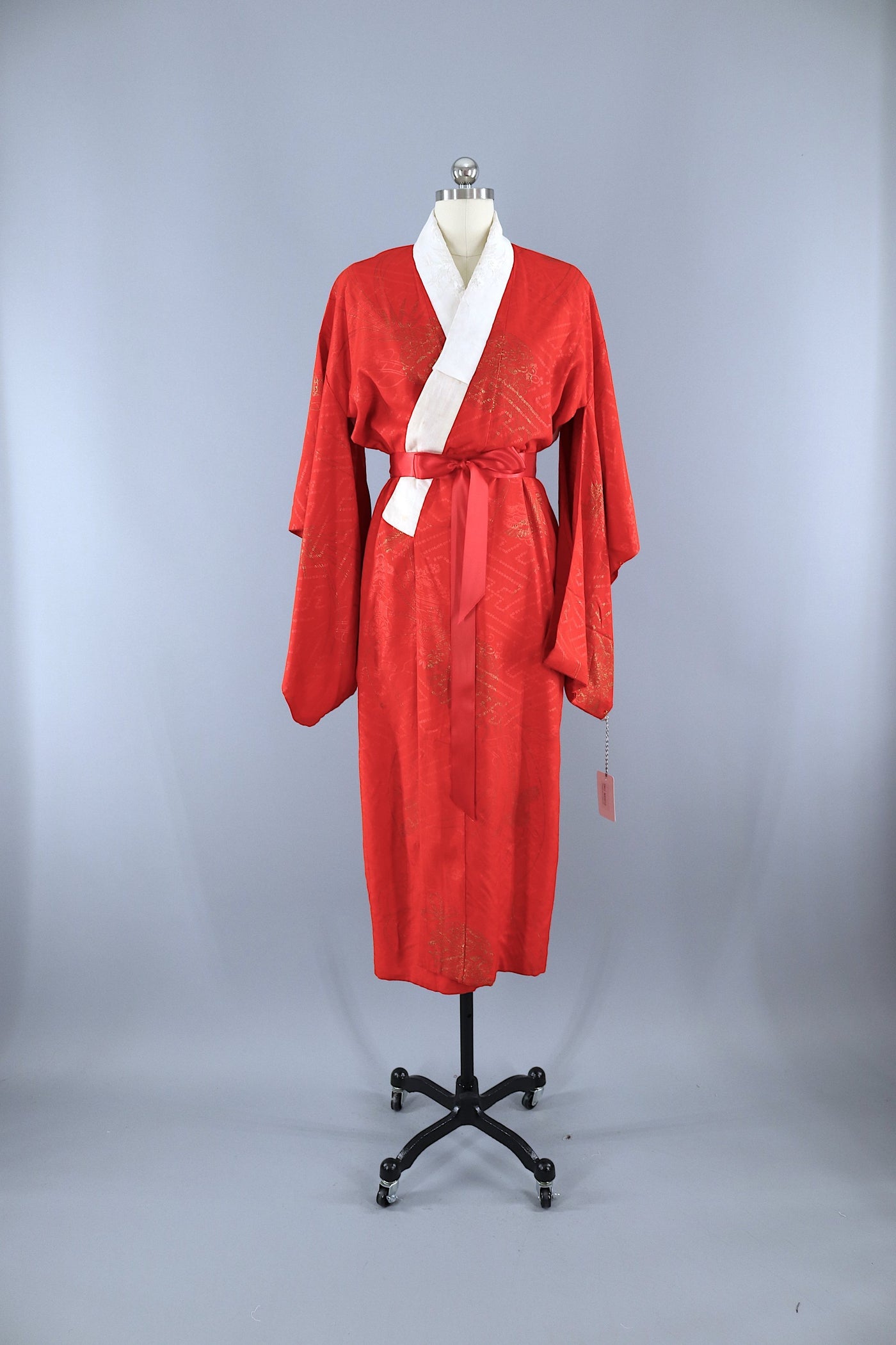 Vintage 1930s Kimono Robe / Red & Gold Floral Flying Cranes - ThisBlueBird