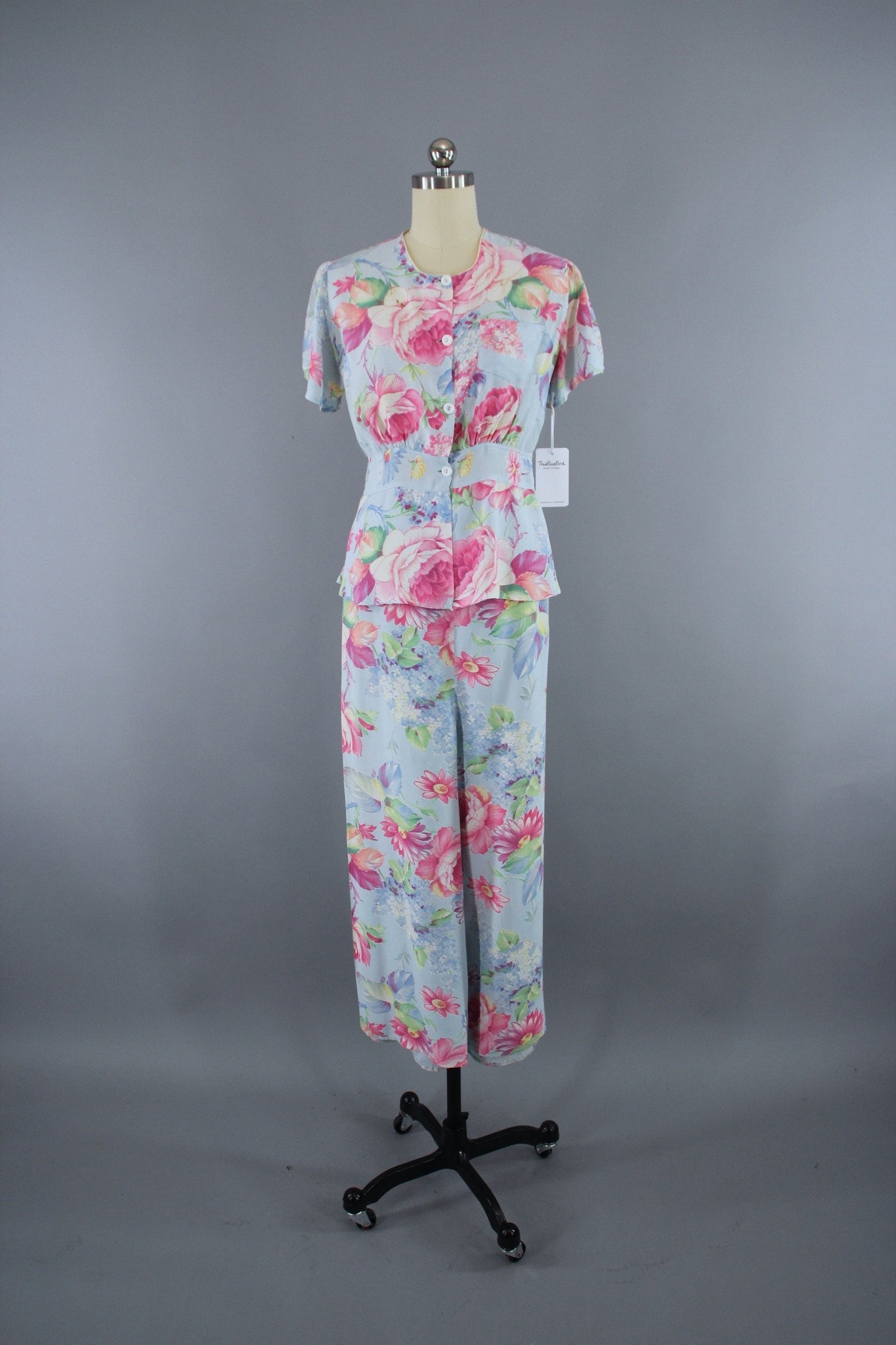 Vintage 1930s Pajamas Set / Hi Stepper / Blue & Pink Floral Print - ThisBlueBird