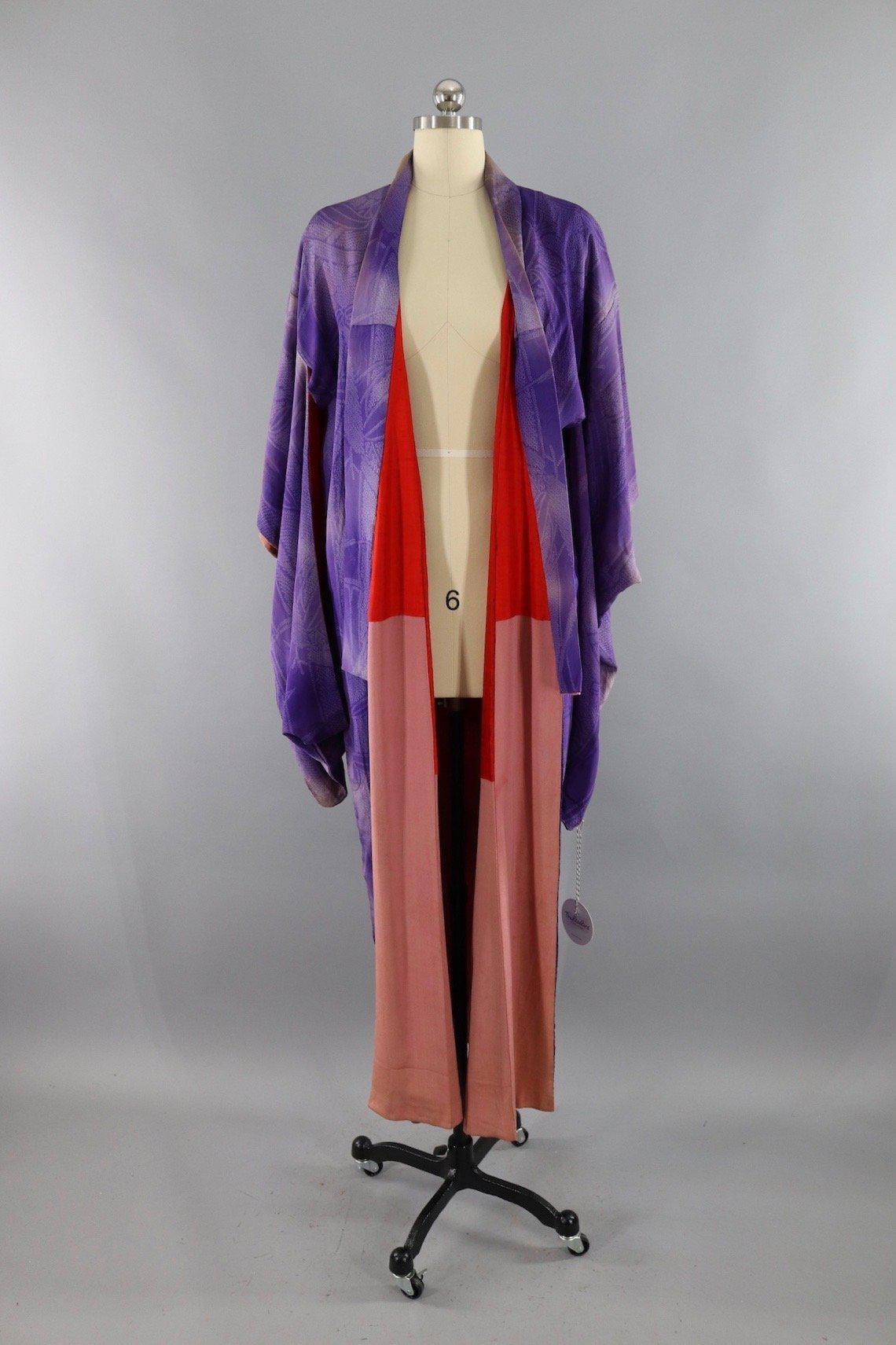 Vintage 1930s Purple Shibori Print Silk Kimono Robe - ThisBlueBird