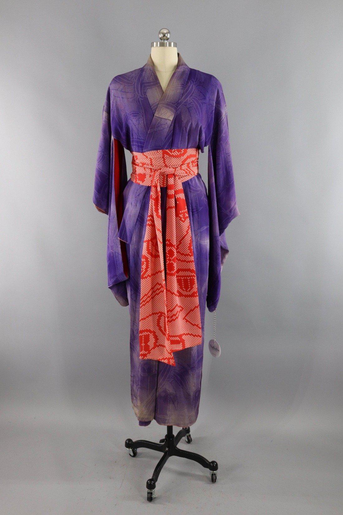 Vintage 1930s Purple Shibori Print Silk Kimono Robe - ThisBlueBird