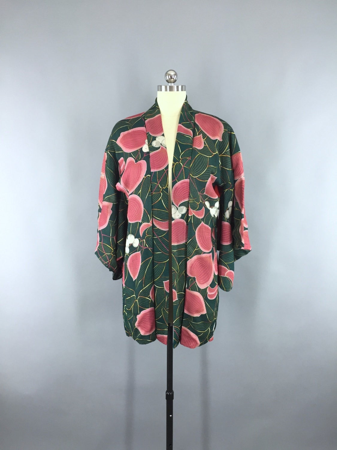 Vintage 1930s Silk Haori Kimono Cardigan / Art Deco Green & Pink Floral Print - ThisBlueBird