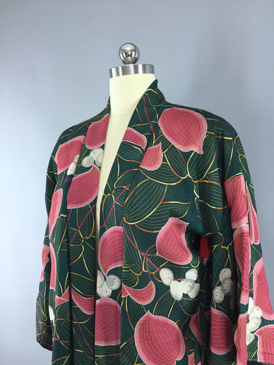 Vintage 1930s Silk Haori Kimono Cardigan / Art Deco Green & Pink Floral Print - ThisBlueBird