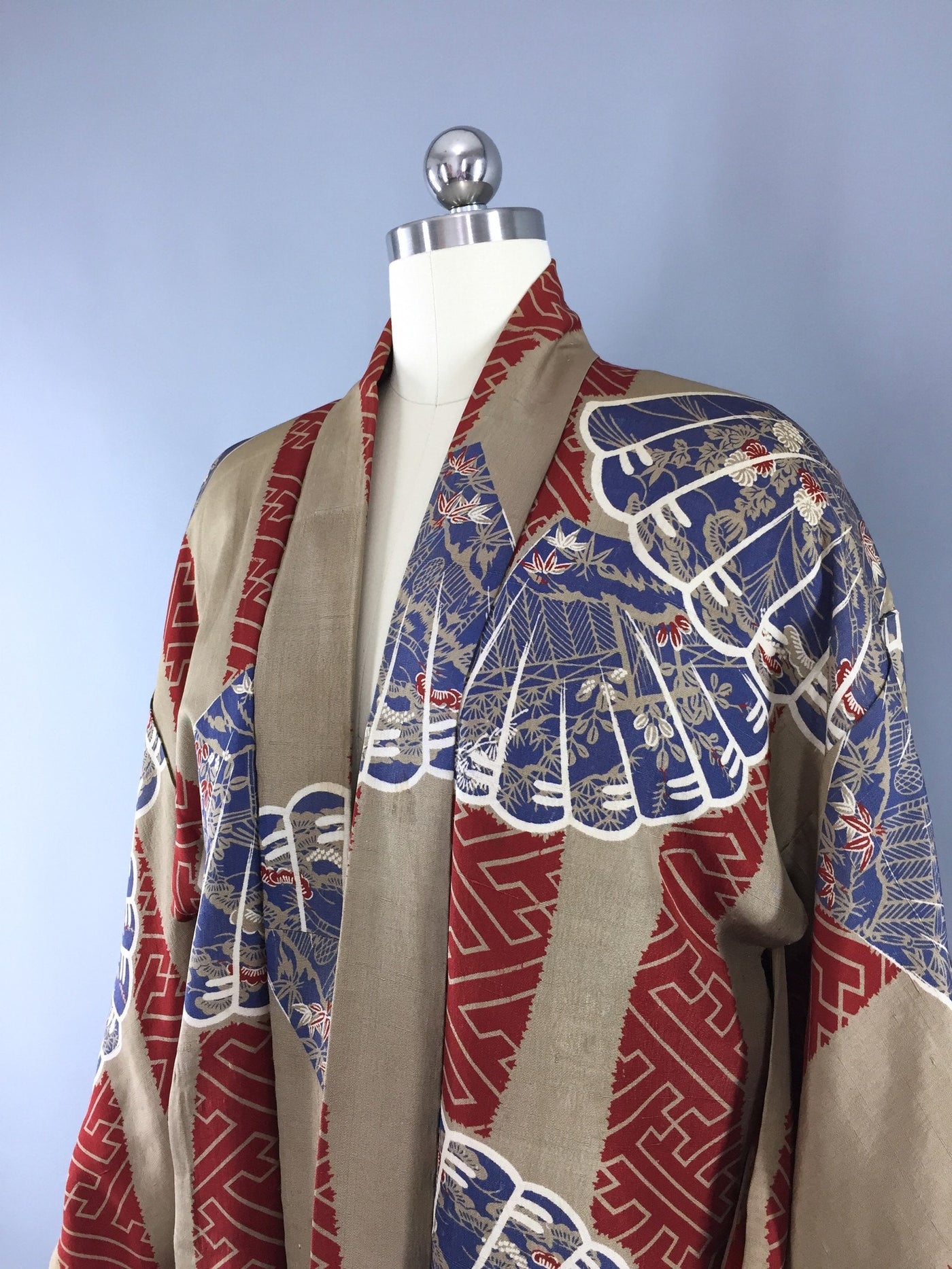 Vintage 1930s Silk Haori Kimono Cardigan / Brown Blue Fan Print - ThisBlueBird