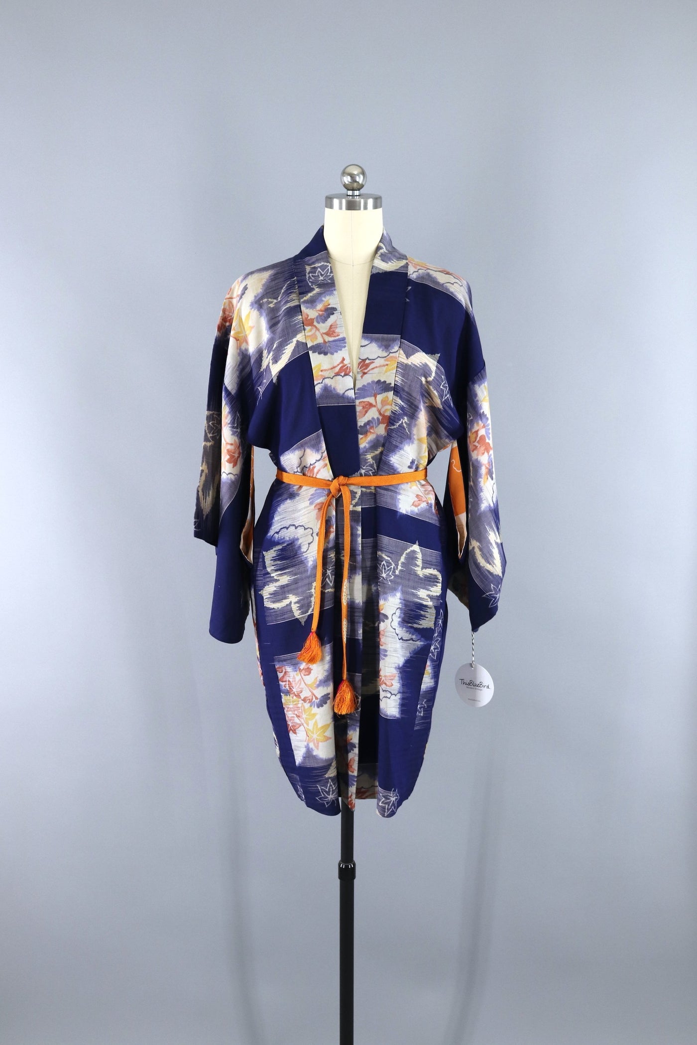 Vintage 1930s Silk Haori Kimono Cardigan Jacket / Meisen Ikat Blue Orange - ThisBlueBird