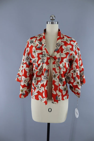 Vintage 1930s Silk Haori Kimono Cardigan Jacket / Red Meisen Ikat Floral - ThisBlueBird