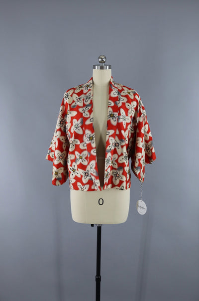 Vintage 1930s Silk Haori Kimono Cardigan Jacket / Red Meisen Ikat Floral - ThisBlueBird