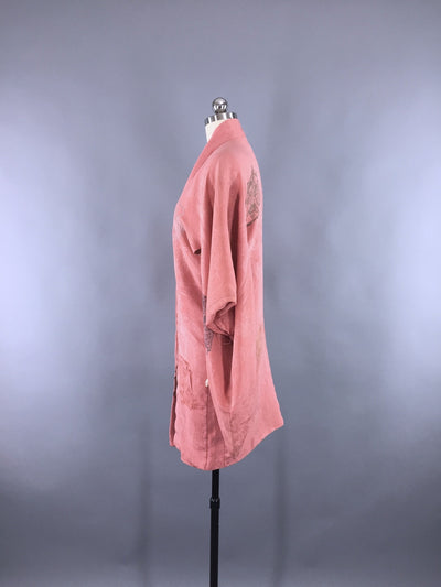 Vintage 1930s Silk Haori Kimono Cardigan / Pink Peach Embroidered Kimono - ThisBlueBird
