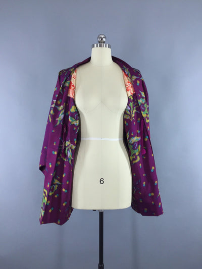 Vintage 1930s Silk Haori Kimono Cardigan / Purple Ikat Floral Print - ThisBlueBird
