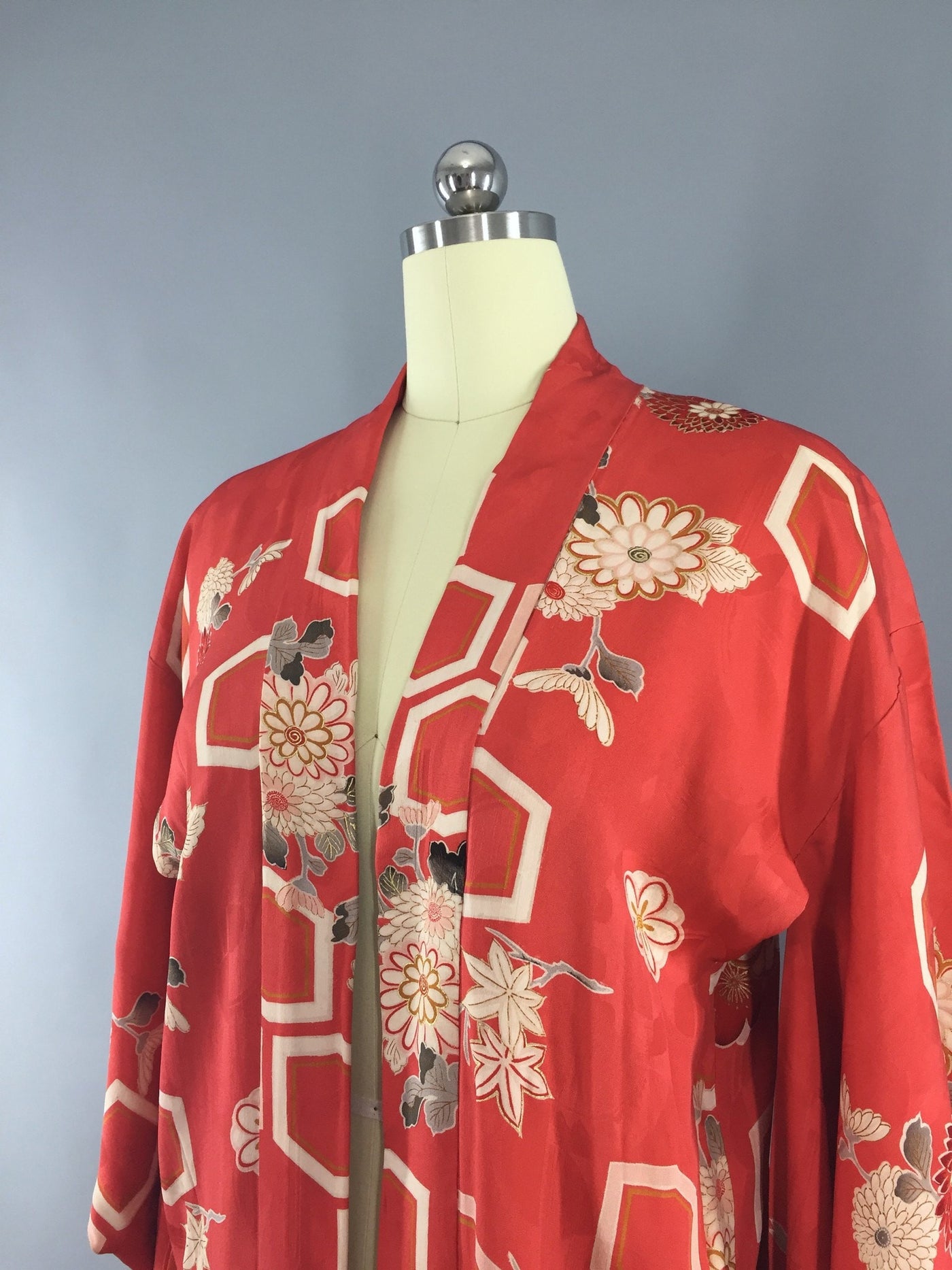 Vintage 1930s Silk Haori Kimono Cardigan / Tomato Red Orange Floral - ThisBlueBird