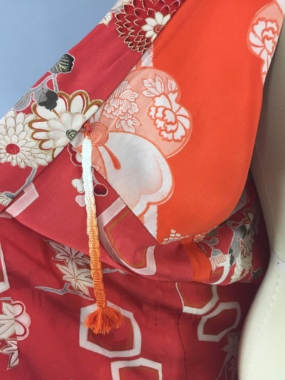 Vintage 1930s Silk Haori Kimono Cardigan / Tomato Red Orange Floral - ThisBlueBird