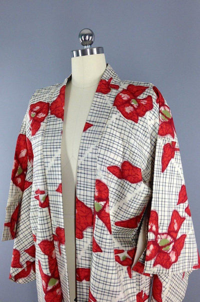 Vintage 1930s Silk Haori Kimono Cardigan / White Floral Ikat - ThisBlueBird