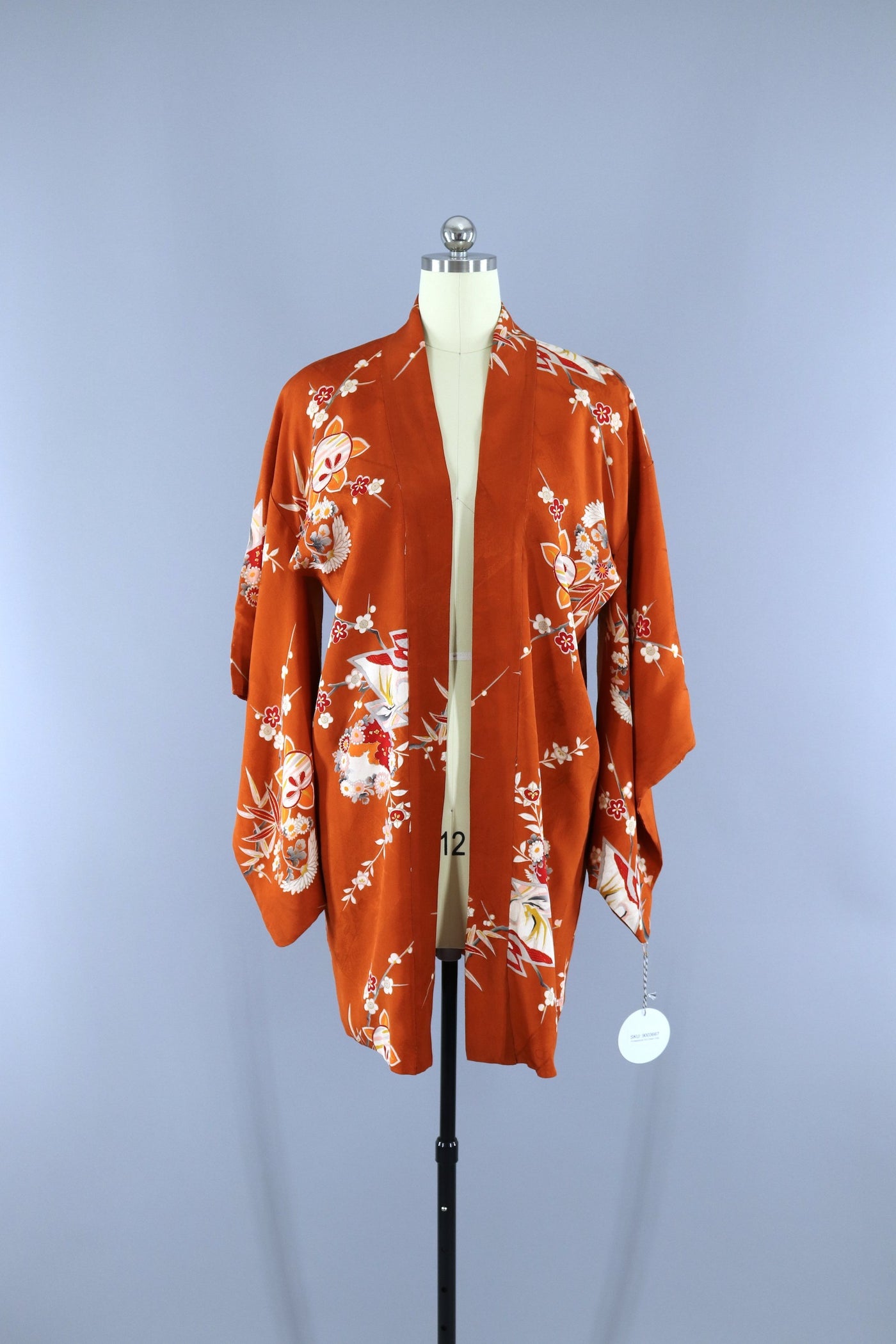 Vintage 1930s Silk Haori Kimono Jacket Cardigan / Dark Orange Floral Print - ThisBlueBird