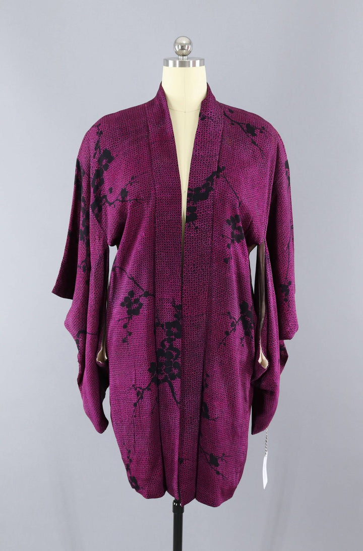 Vintage 1930s Silk Haori Kimono Jacket Cardigan / Purple &amp; Black Shibori Cherry Blossom Print - ThisBlueBird