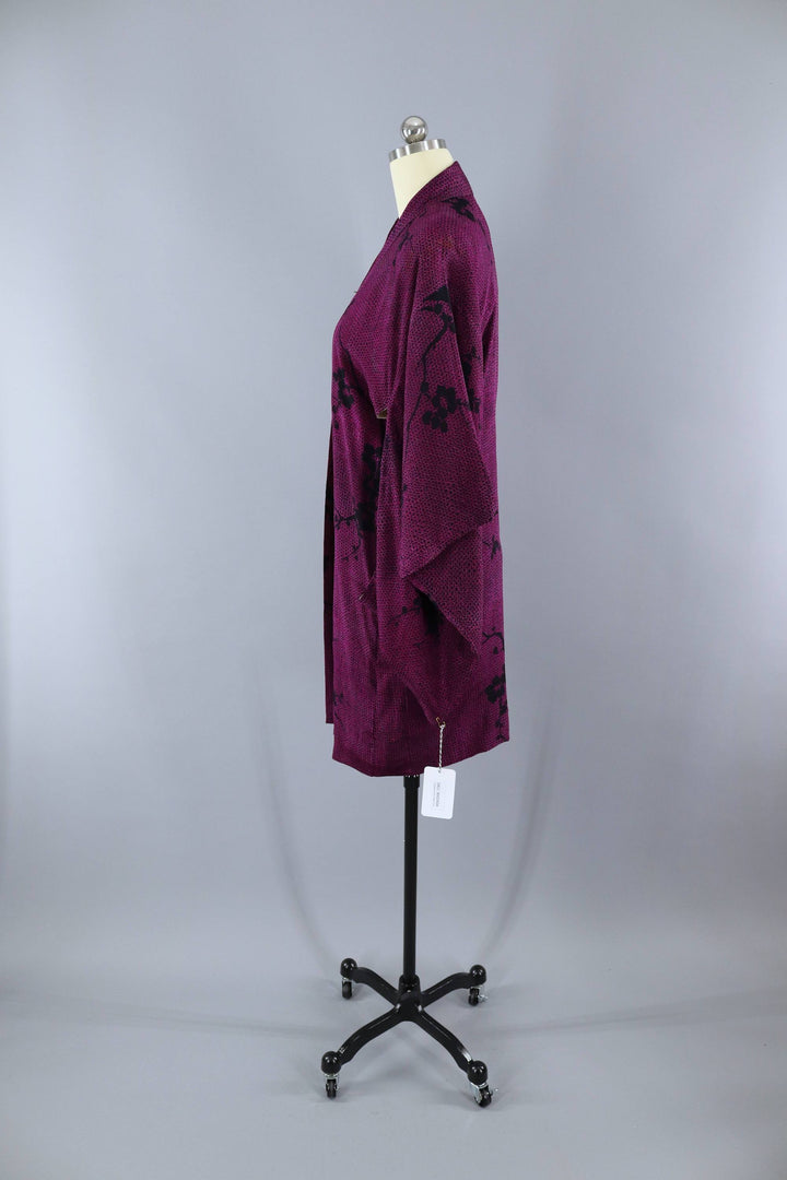 Vintage 1930s Silk Haori Kimono Jacket Cardigan / Purple &amp; Black Shibori Cherry Blossom Print - ThisBlueBird