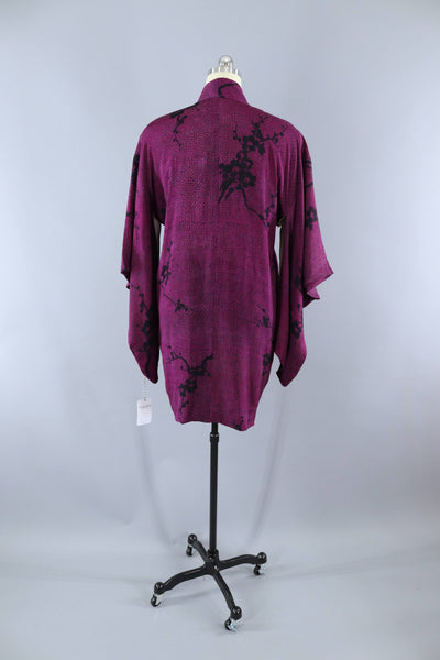 Vintage 1930s Silk Haori Kimono Jacket Cardigan / Purple & Black Shibori Cherry Blossom Print - ThisBlueBird