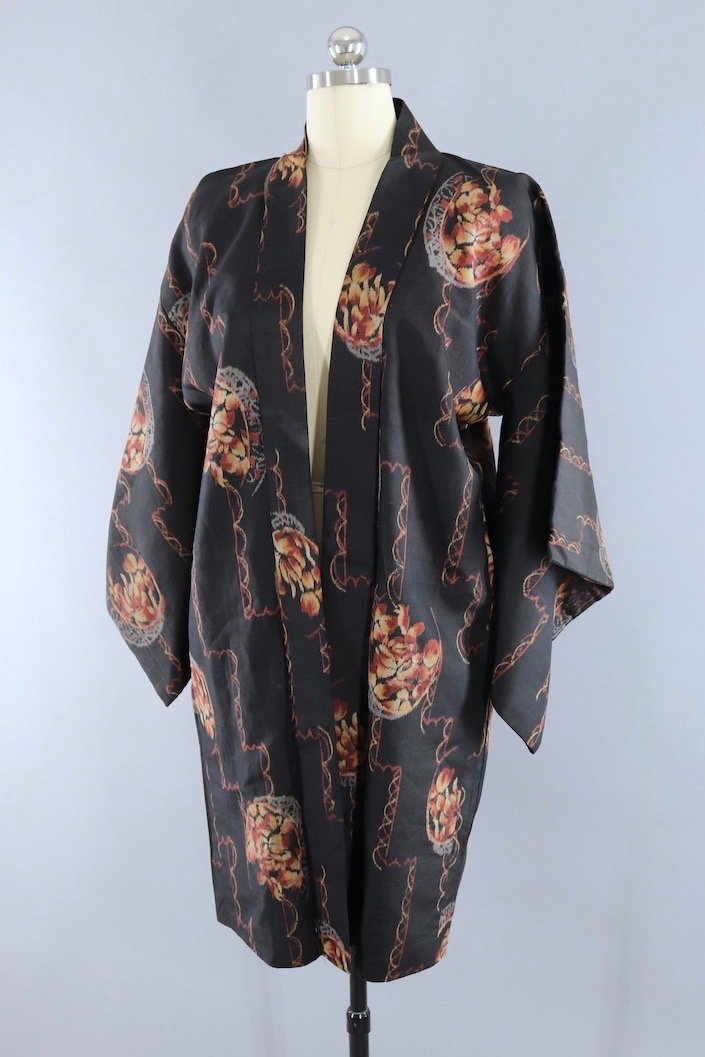 Vintage 1930s Silk Kimono Cardigan Jacket / Black Floral Ikat - ThisBlueBird
