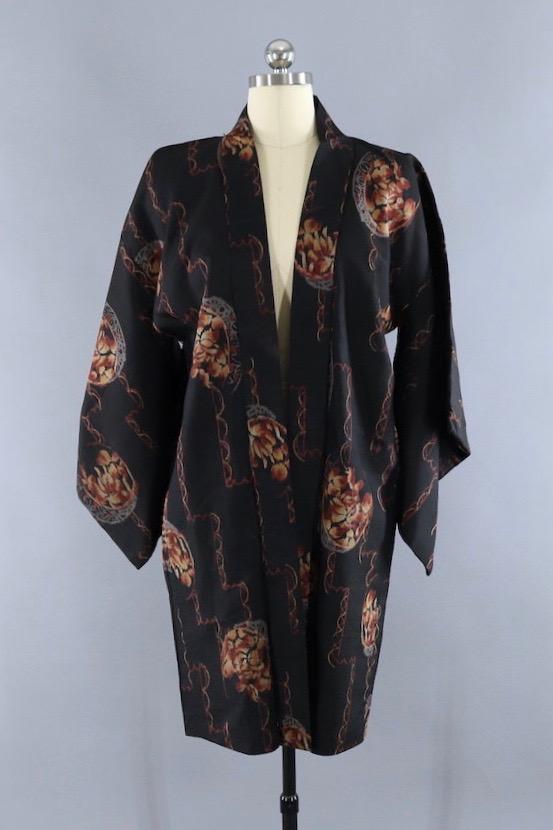 Vintage 1930s Silk Kimono Cardigan Jacket / Black Floral Ikat - ThisBlueBird