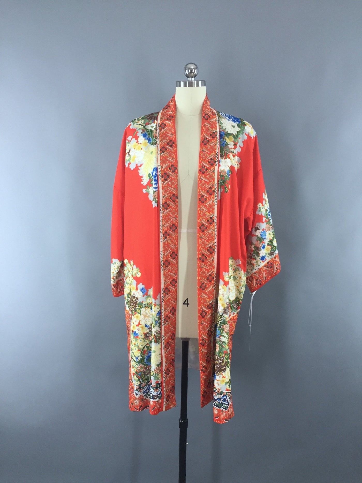 Vintage 1930s Silk Kimono Robe / Art Deco / Tomato Red Floral ...