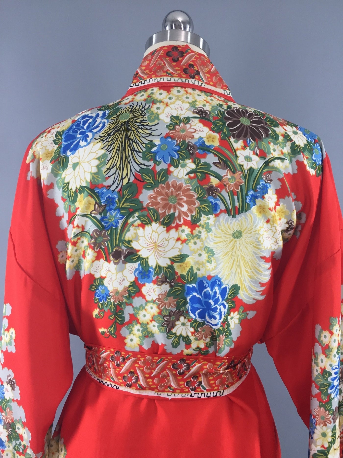 Vintage 1930s Silk Kimono Robe / Art Deco / Tomato Red Floral - ThisBlueBird
