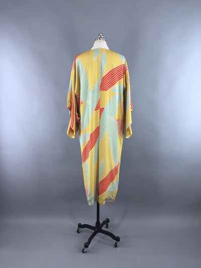 Vintage 1930s Silk Kimono Robe / Art Deco Yellow Palm Leaf Print - ThisBlueBird