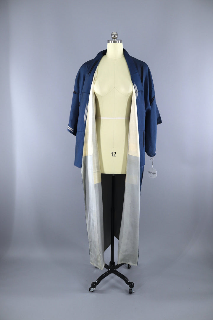 Vintage 1930s Silk Kimono Robe / Blue Meisen Arrows - ThisBlueBird