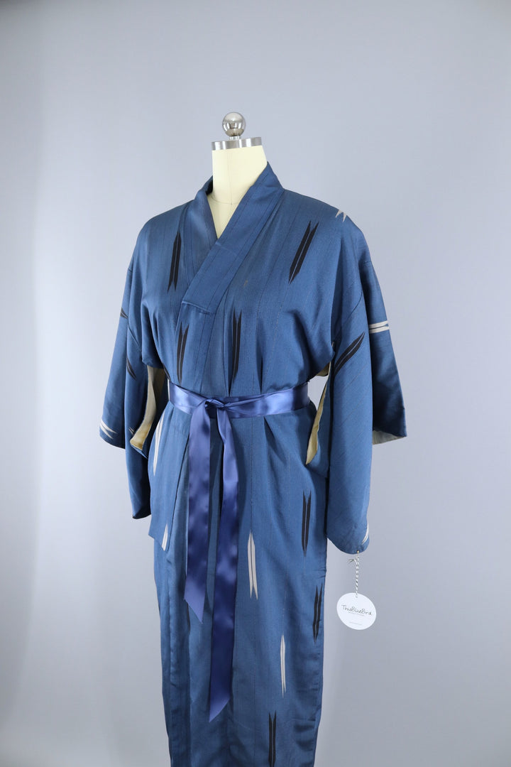 Vintage 1930s Silk Kimono Robe / Blue Meisen Arrows - ThisBlueBird