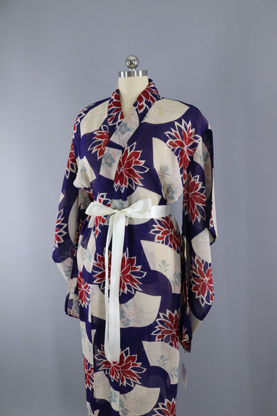 Vintage 1930s Silk Kimono Robe / Blue & Red Floral - ThisBlueBird