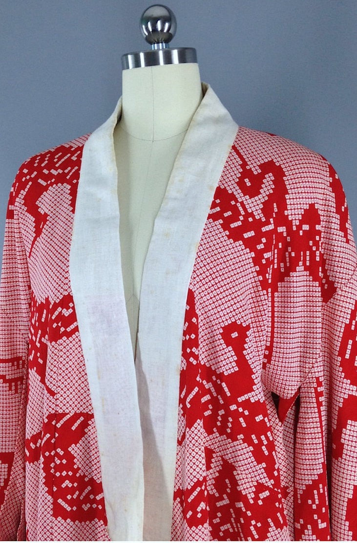 Vintage 1930s Silk Kimono Robe / Crane Bird Print - ThisBlueBird