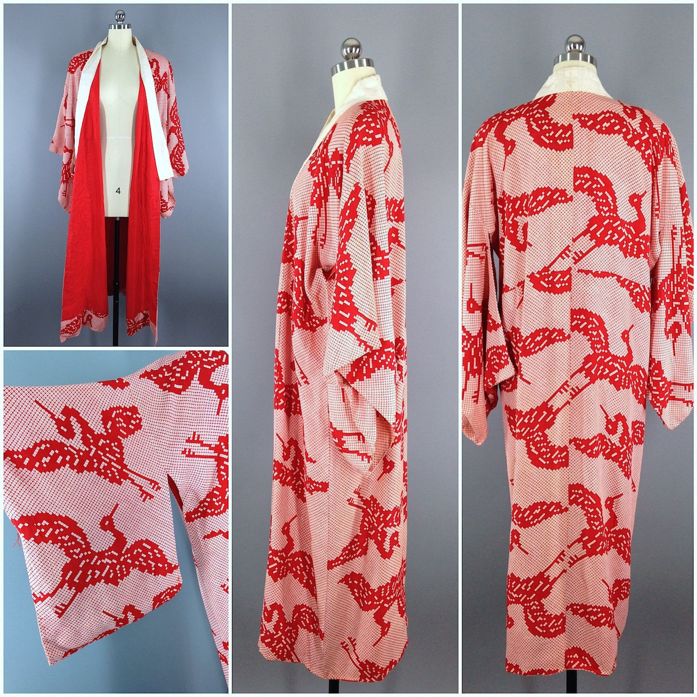 Vintage 1930s Silk Kimono Robe / Crane Bird Print - ThisBlueBird