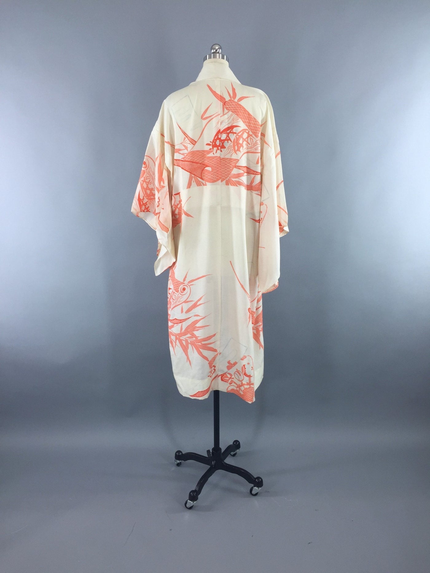 Vintage 1930s Silk Kimono Robe / Ivory Orange Floral Print - ThisBlueBird