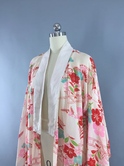 Vintage 1930s Silk Kimono Robe / Ivory Pink Aqua Floral Print - ThisBlueBird