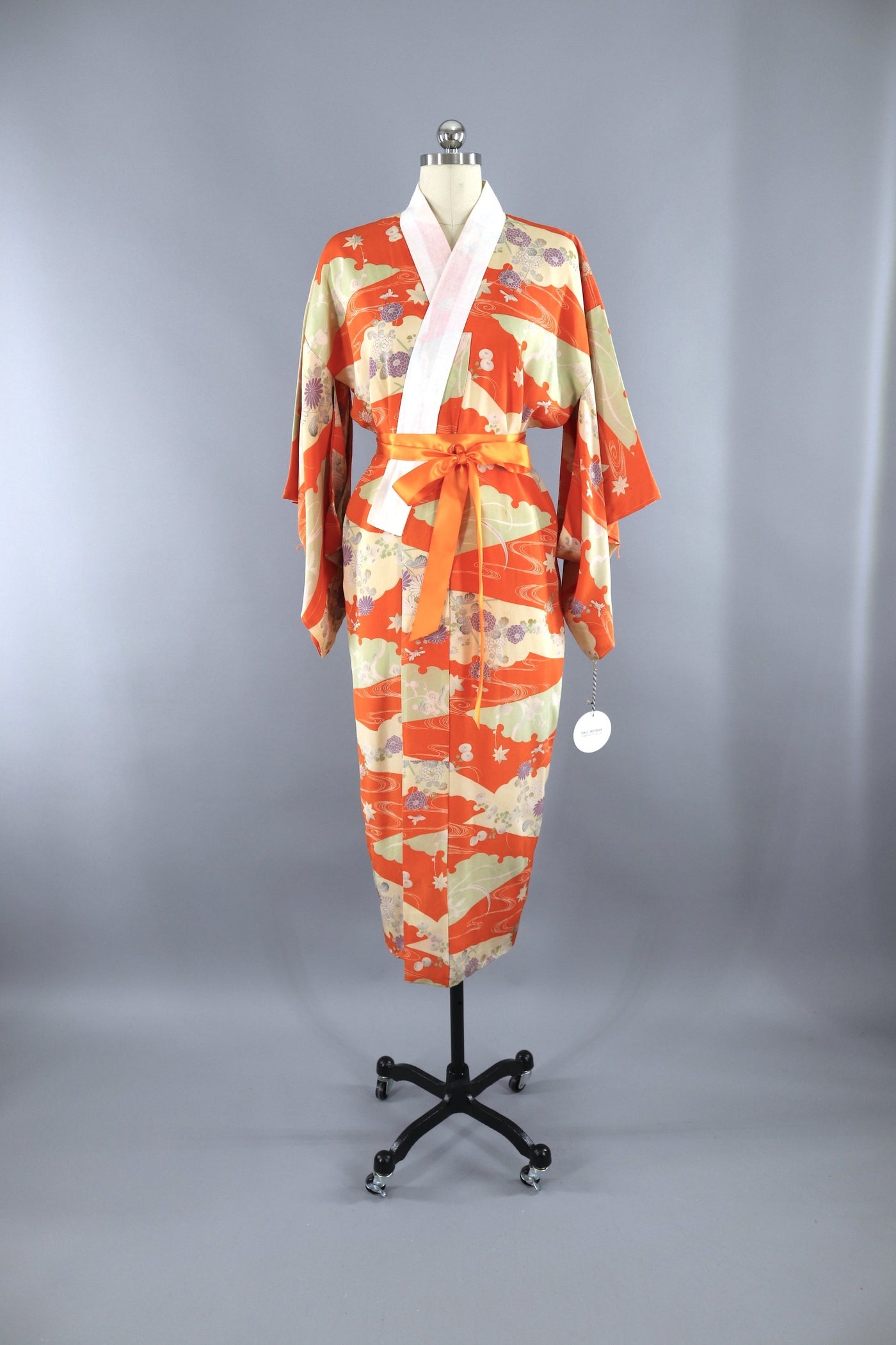 Vintage 1930s Silk Kimono Robe Juban / Orange Lavender Floral Print - ThisBlueBird