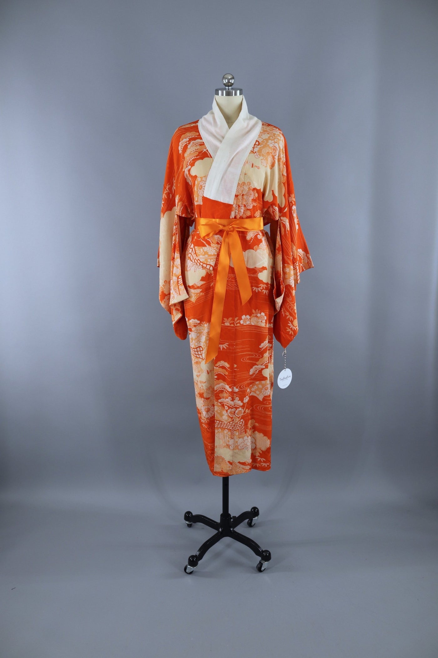 Vintage 1930s Silk Kimono Robe Juban / Orange Traditional Floral Print - ThisBlueBird