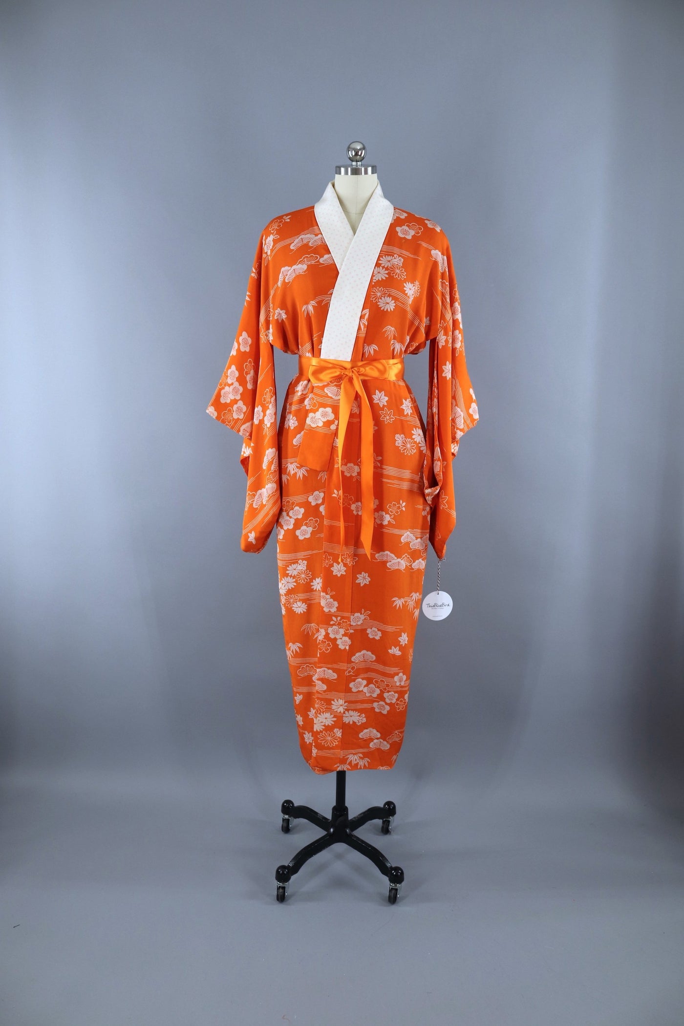Vintage 1930s Silk Kimono Robe Juban / Orange & White Floral Print - ThisBlueBird
