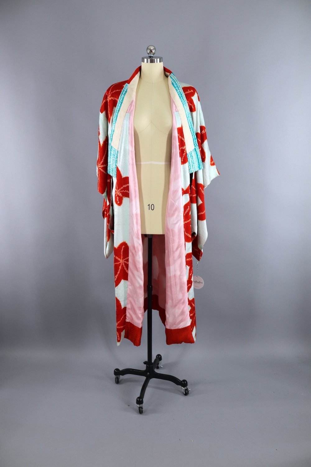 Vintage 1930s Silk Kimono Robe Juban / Pale Aqua Blue & Red Shibori - ThisBlueBird
