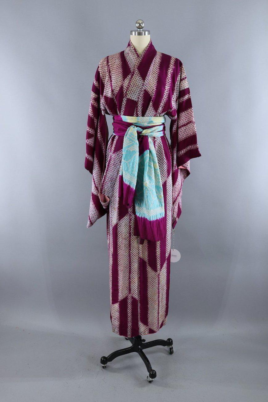 Vintage 1930s Silk Kimono Robe / Magenta Purple Shibori - ThisBlueBird