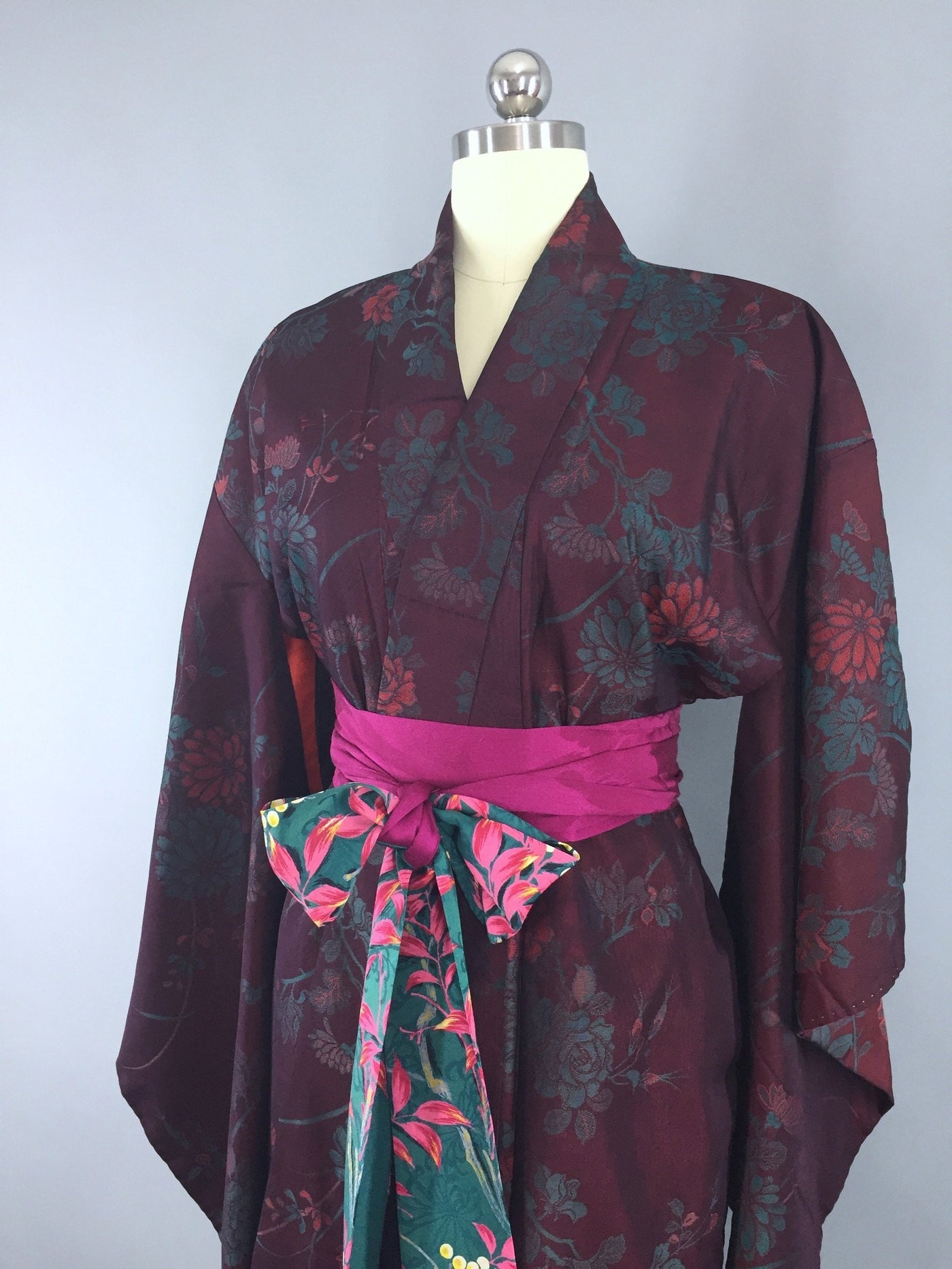 Vintage 1930s Silk Kimono Robe / Omeshi Embroidery Maroon & Teal Floral - ThisBlueBird