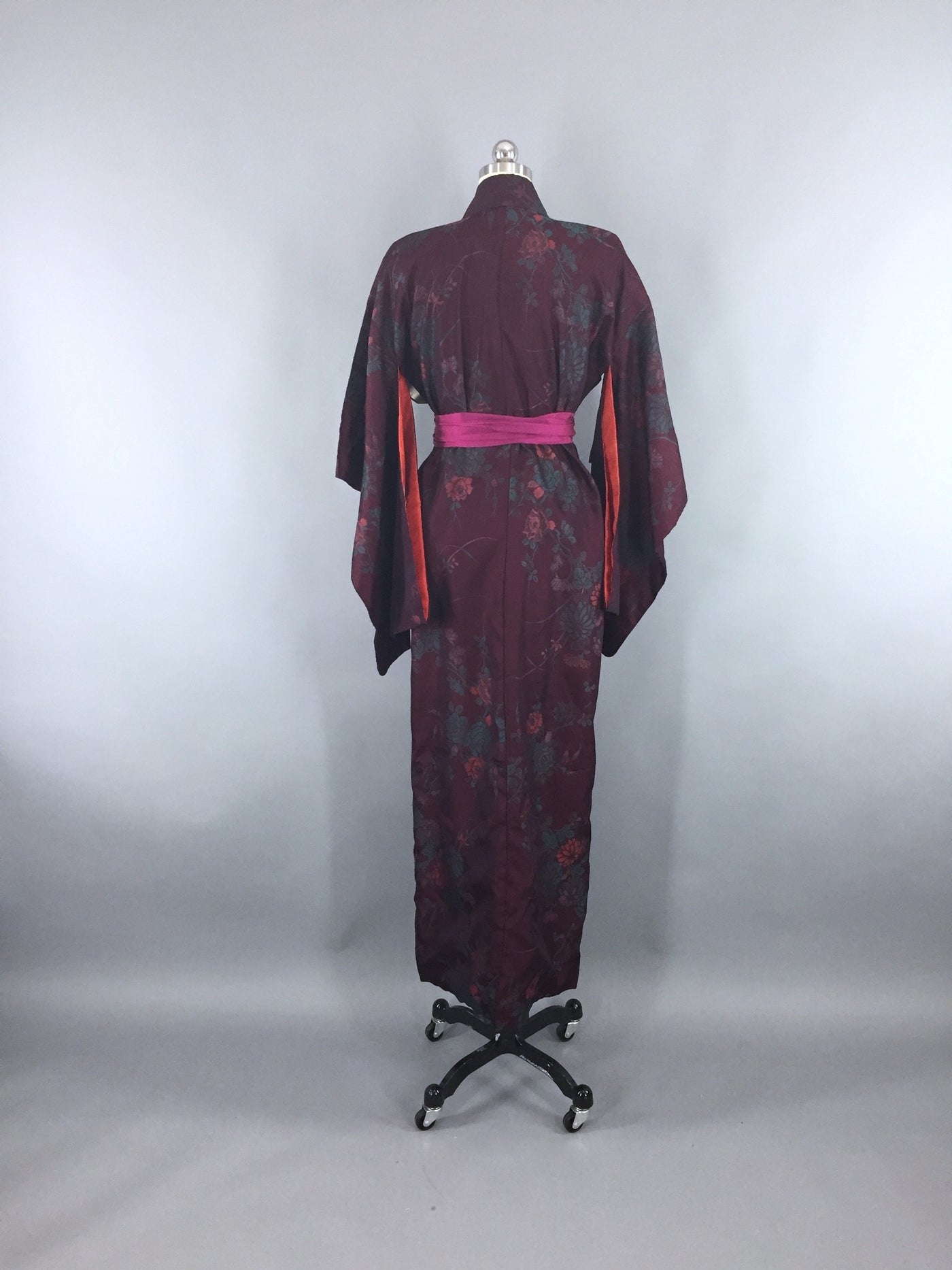 Vintage 1930s Silk Kimono Robe / Omeshi Embroidery Maroon & Teal Floral - ThisBlueBird