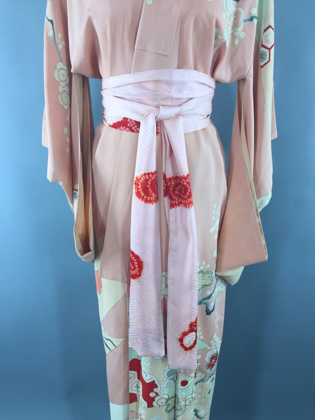 Vintage 1930s Silk Kimono Robe / Peach Pink Floral Art Deco - ThisBlueBird